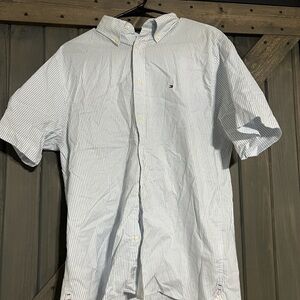 Tommy Hilfiger Men's White and Blue Pinstripe Shirt